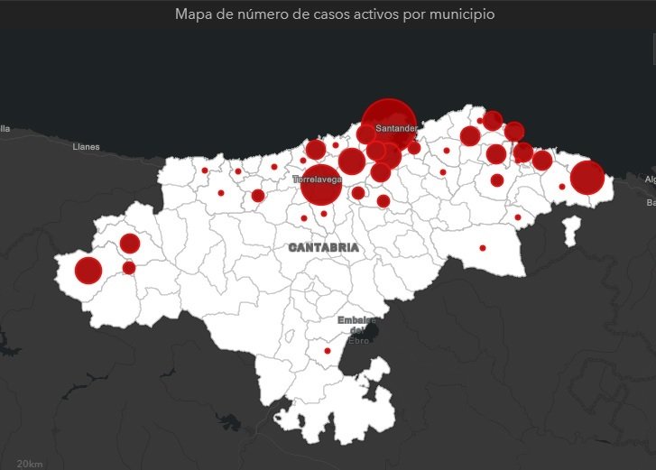 Mapa de los casos activos en Cantabria