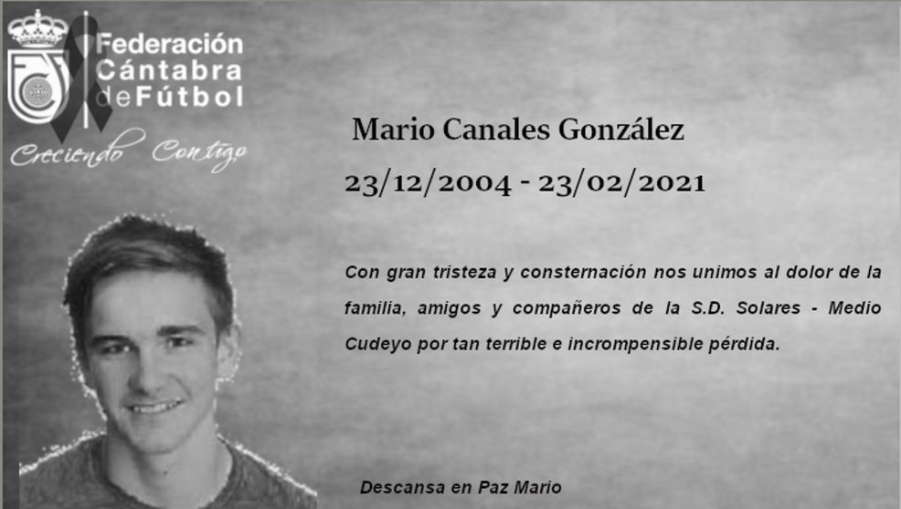 Obituario de la Federación Cántabra de Fútbol del joven Mario Canales