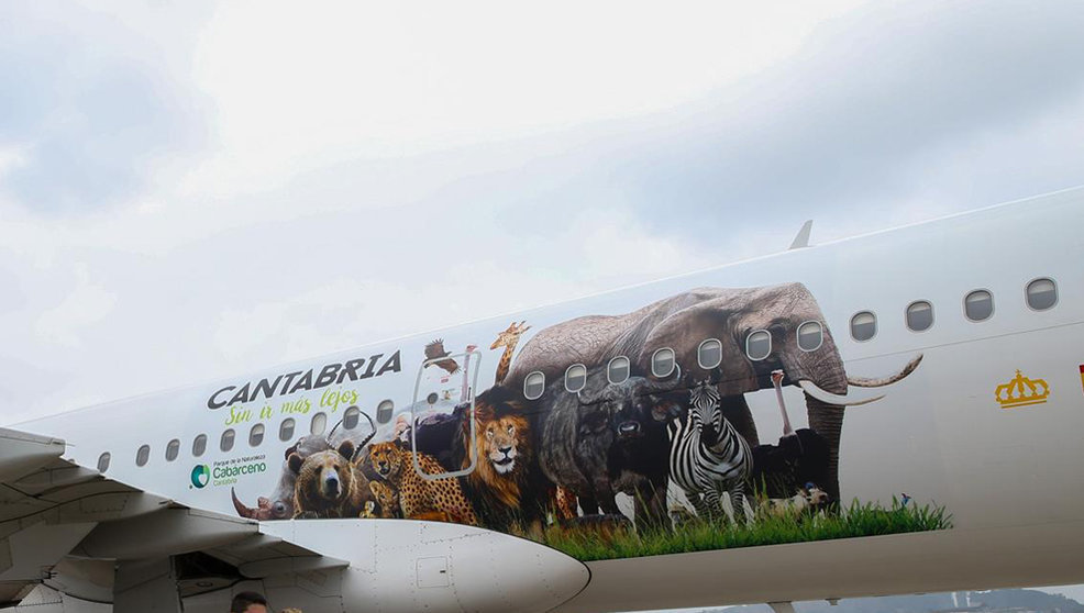 El avión de Iberia rotulado con la imagen de varios animales del Parque de Cabárceno llega al aeropuerto Seve Ballesteros de Santander.
