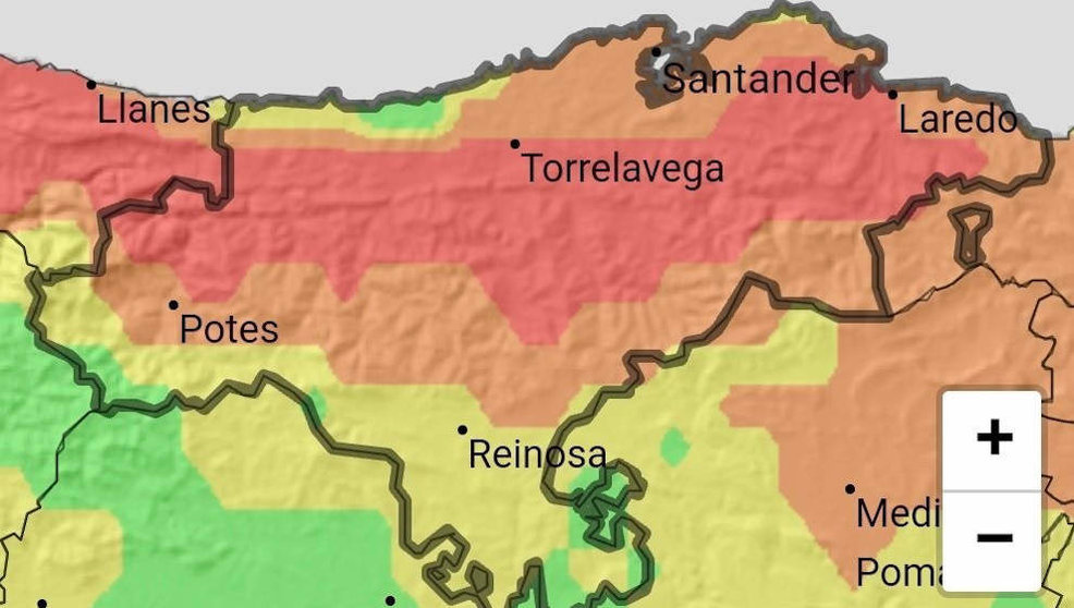 Mapa de Cantabria con zonas en riesgo alto, muy alto y extremo de incendios forestales