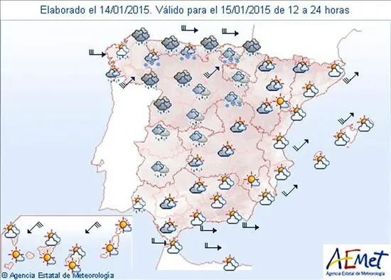 Mapa significativo elaborado por la Agencia Estatal de Meteorolog&iacute;a (AEMET) el 14/01/2015 v&aacute;lido para el 15/01/2015 de 12 a 24 horas. EFE