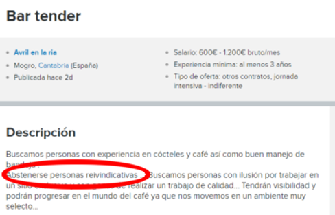Oferta de trabajo que pide la abstenci&oacute;n de personas reivindicativas