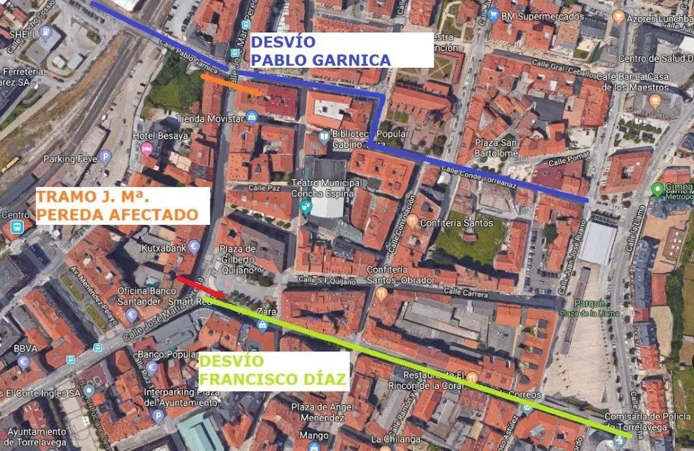 Mapa de los desvios previstos para este mi&eacute;rcoles en Torrelavega