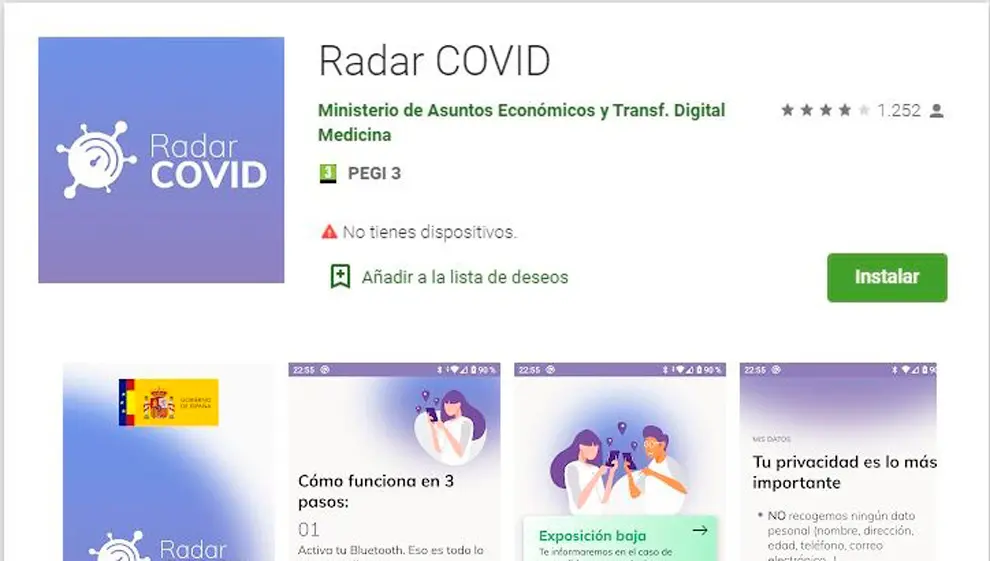 Pantallazo app Radar Covid