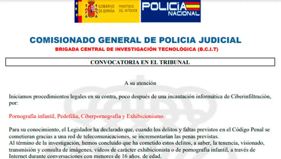 Detalle del comunicado falso enviado en los correos fraudulentos