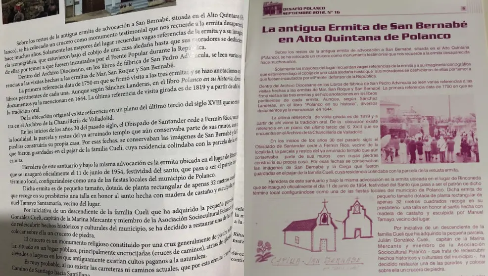 A la izquierda, página del libro 'Polanco. Este es nuestro pueblo', de 2022, y a la derecha, la de la revista 'Desafío', de 2012