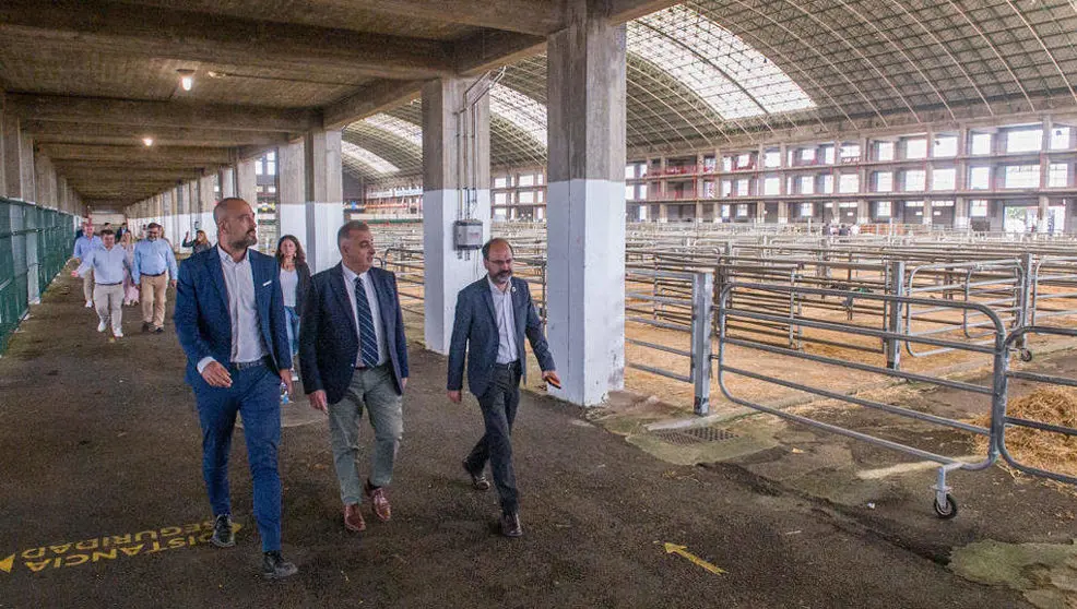 El consejero de Fomento, Roberto Media, visita el Mercado Nacional de Ganados (MG) junto al alcalde y al primer teniente de alcalde, Javier L&oacute;pez Estrada y Jos&eacute; Luis Urraca