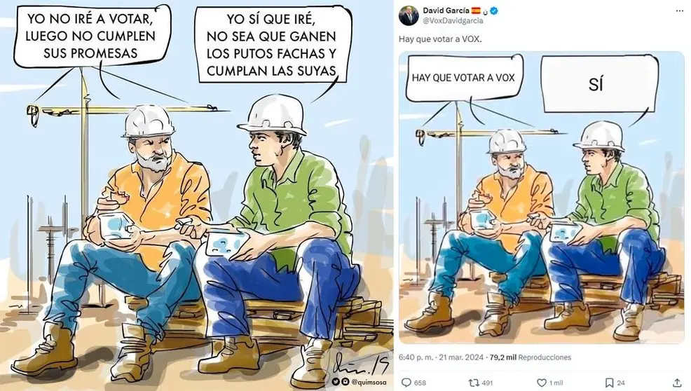 Vi&ntilde;eta original del autor Quim Sosa y la imagen modificada por el diputado de Vox