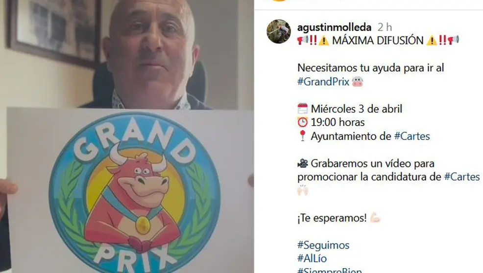 Captura del v&iacute;deo del alcalde de Cartes, Agust&iacute;n Molleda, anunciando el v&iacute;deo para concursar en el Grand Prix