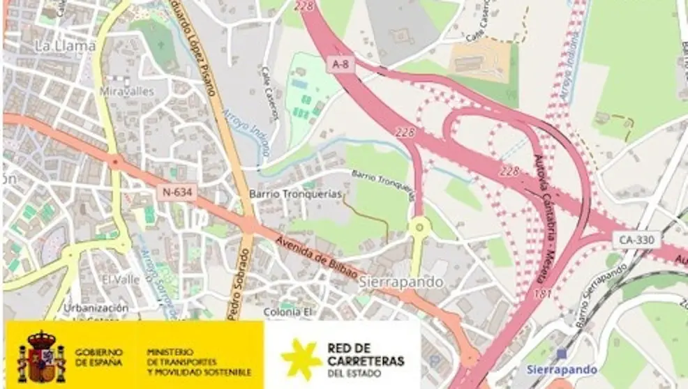 Parte del mapa de las autov&iacute;as A-67 y A-8 a su paso por Torrelavega