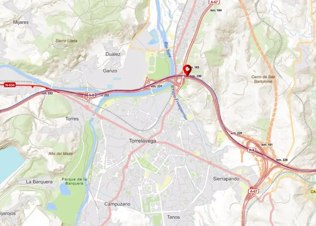 Zona de afección al tráfico por las obras en el túnel de Torrelavega en la A-8