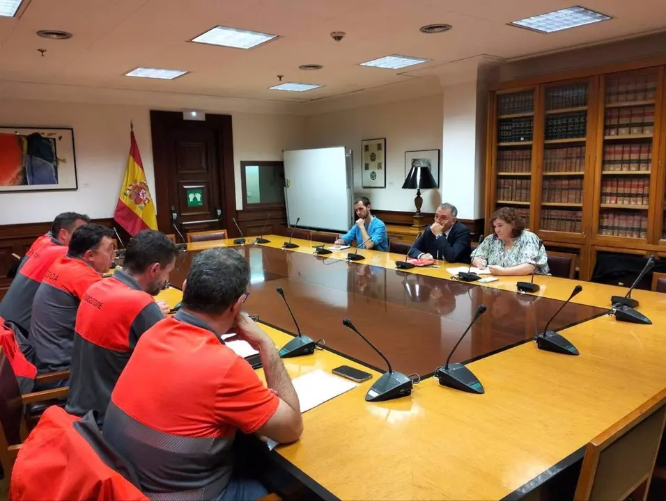 Los diputados de IU Enrique Santiago y Engracia Rivera reunidos con el comité de empresa de Bridgestone