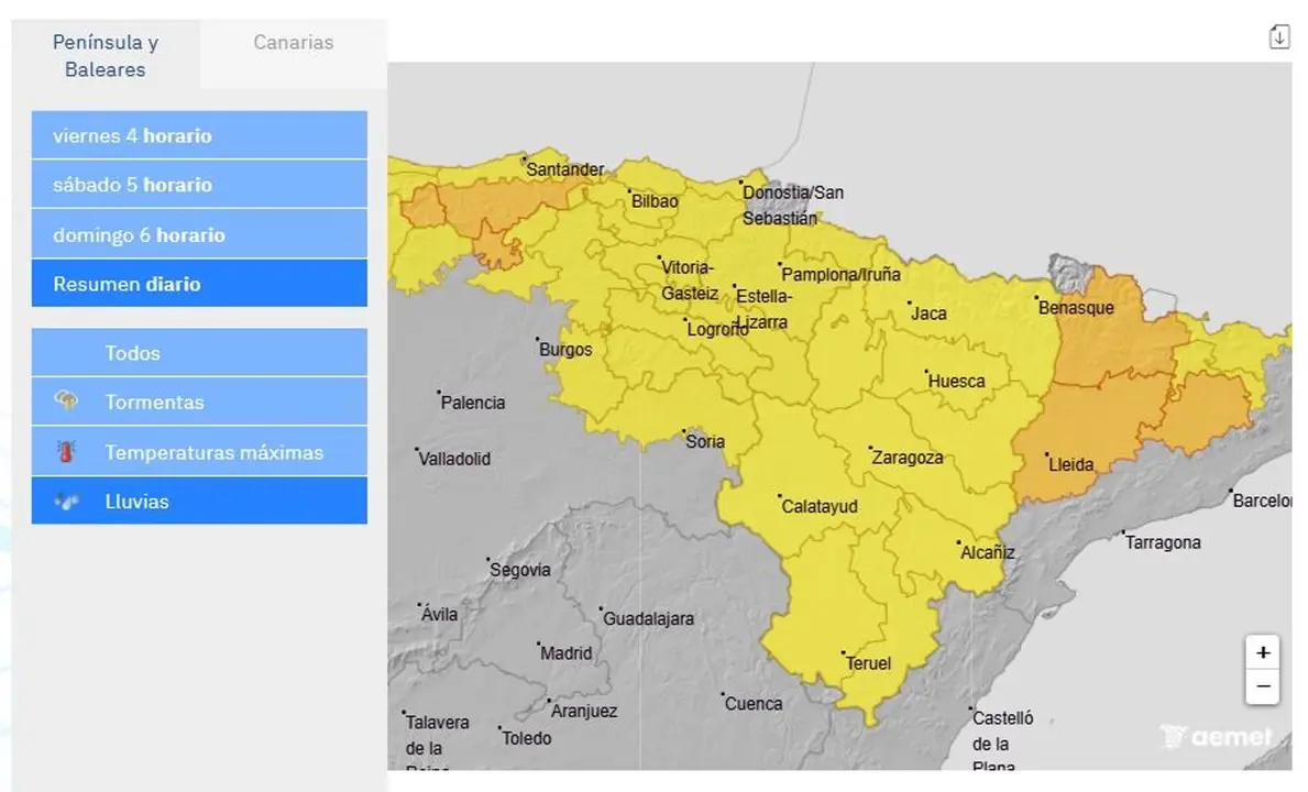 Mapa de avisos meteorológico en la cuenca del Ebro