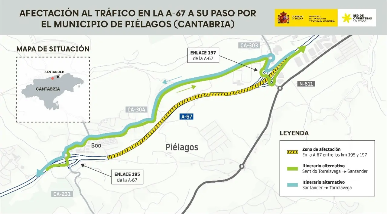 Dos tramos de la A-67 entre Polanco y Santander se cerrarán al tráfico durante esta noche en ambos sentidos