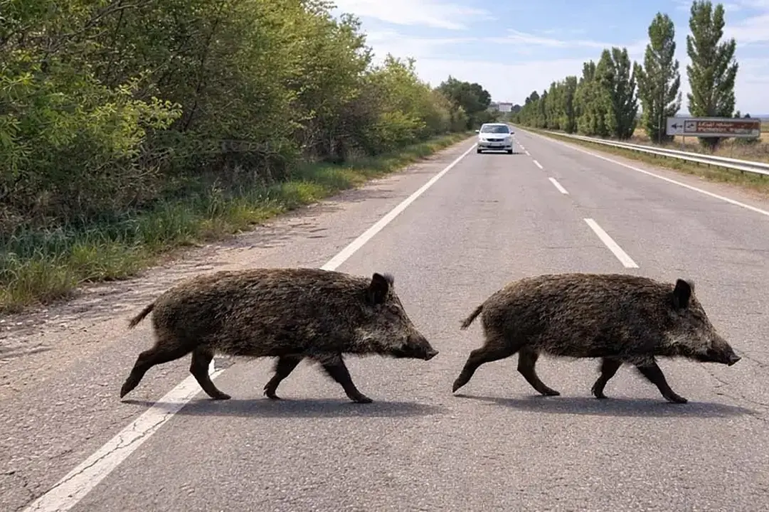 Dos jabalíes cruzando por la carretera