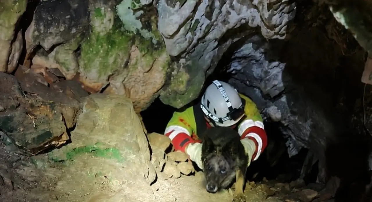 Rescate de un perro caído en una sima de una cueva de Pechón (Val de San Vicente) 