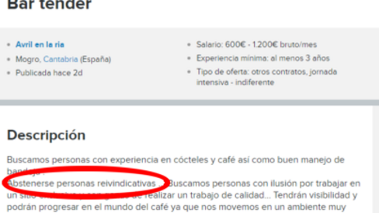 Oferta de trabajo que pide la abstenci&oacute;n de personas reivindicativas