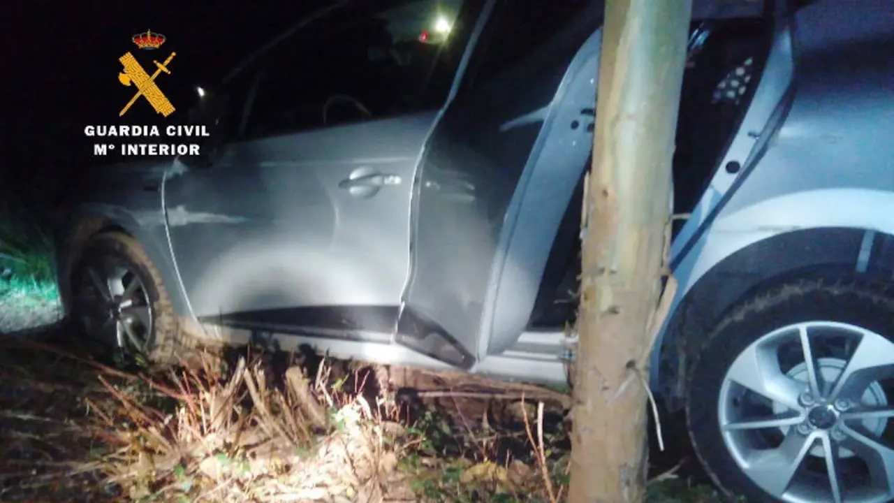 El veh&iacute;culo en el que viajaban el padre y el hijo, atrapado en el eucaliptal