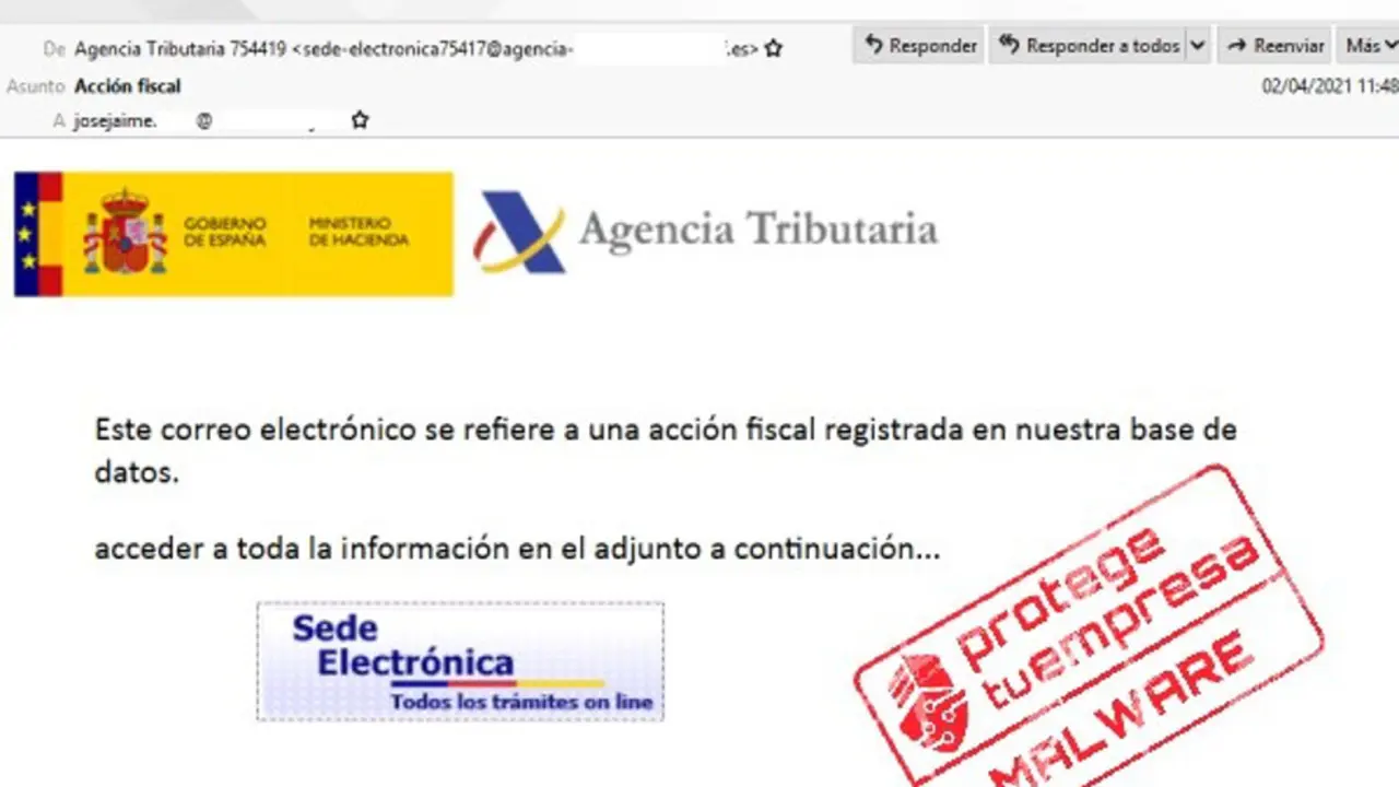 Imagel del correo malicioso que llega a los usuarios