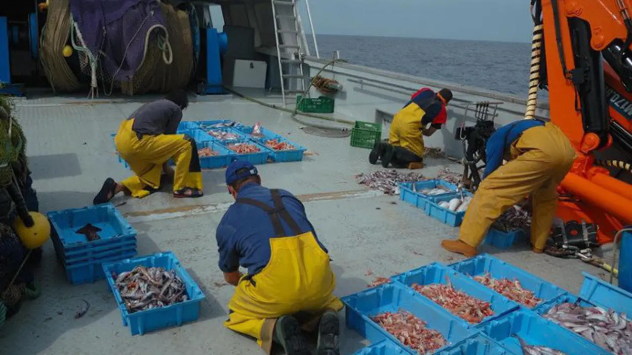 Imagen de archivo de pescadores trabajando