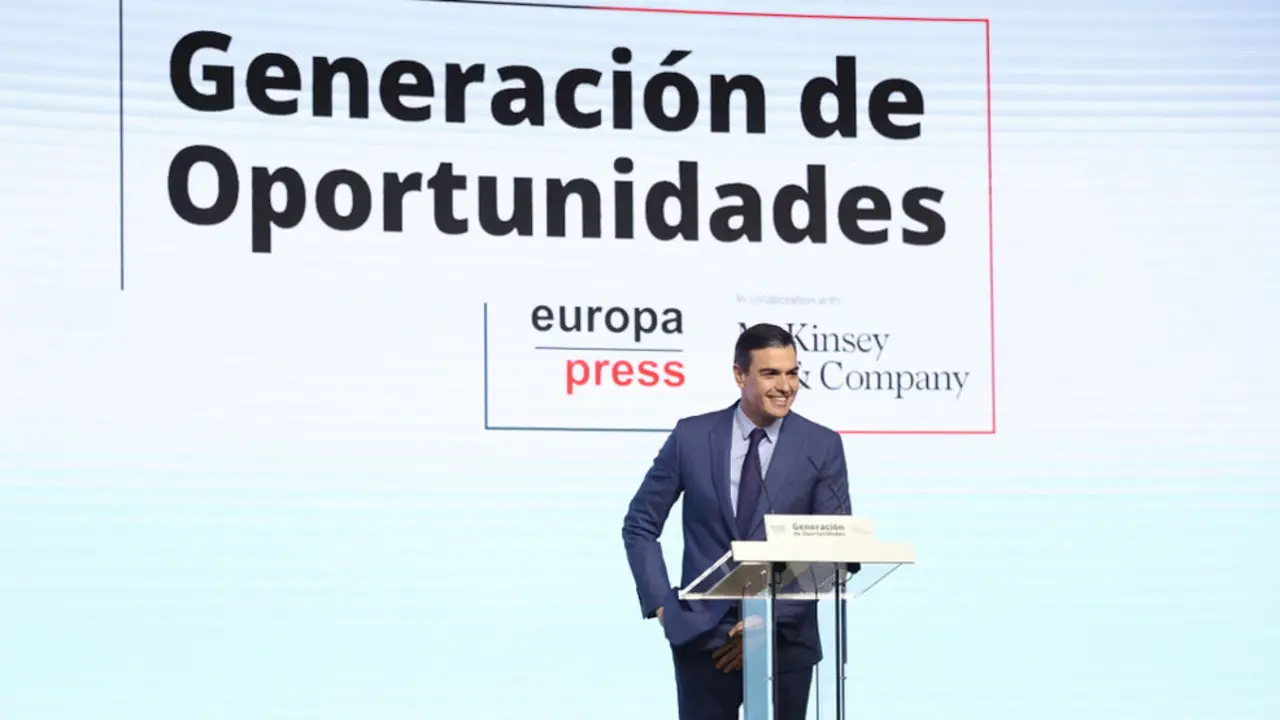 El presidente del Gobierno, Pedro Sánchez; interviene en el encuentro del foro 'Generación de Oportunidades'