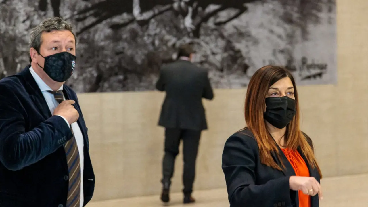 El portavoz del PP en el Parlamento de Cantabria, Íñigo Fernández, y la presidenta del PP de Cantabria, María José Sáenz de Buruaga, en la investidura de Alfonso Fernández Mañueco como presidente de Castilla y León