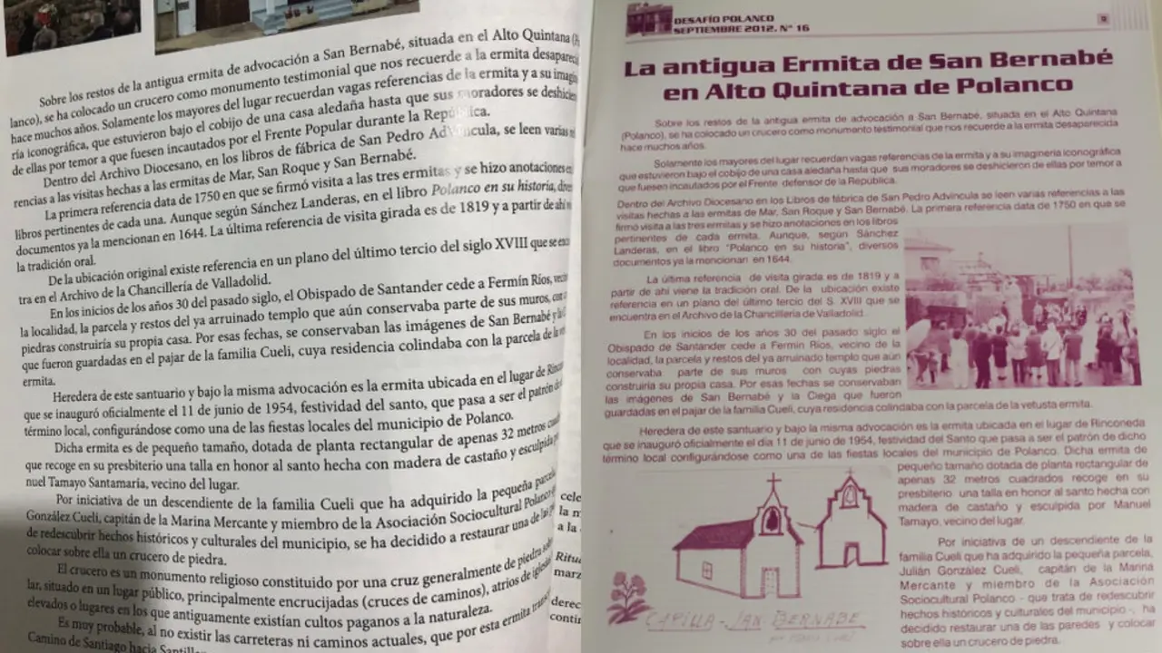 A la izquierda, página del libro 'Polanco. Este es nuestro pueblo', de 2022, y a la derecha, la de la revista 'Desafío', de 2012