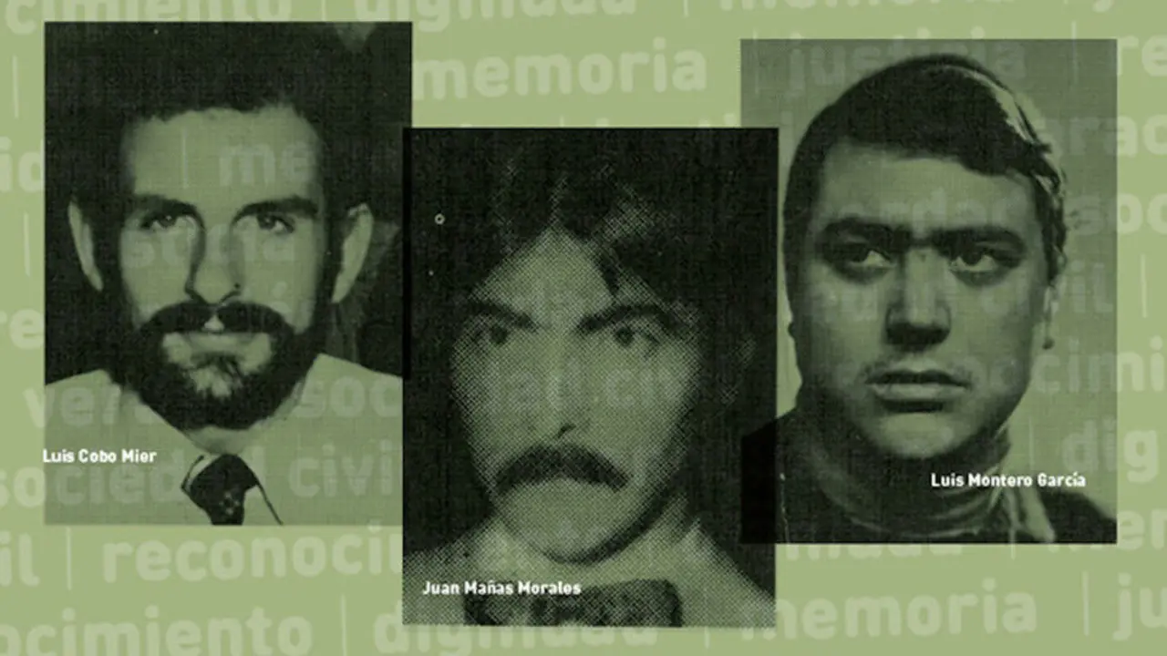 Detalle del cartel del homenaje del Parlamento en 2018 a las tres víctimas del caso Almería