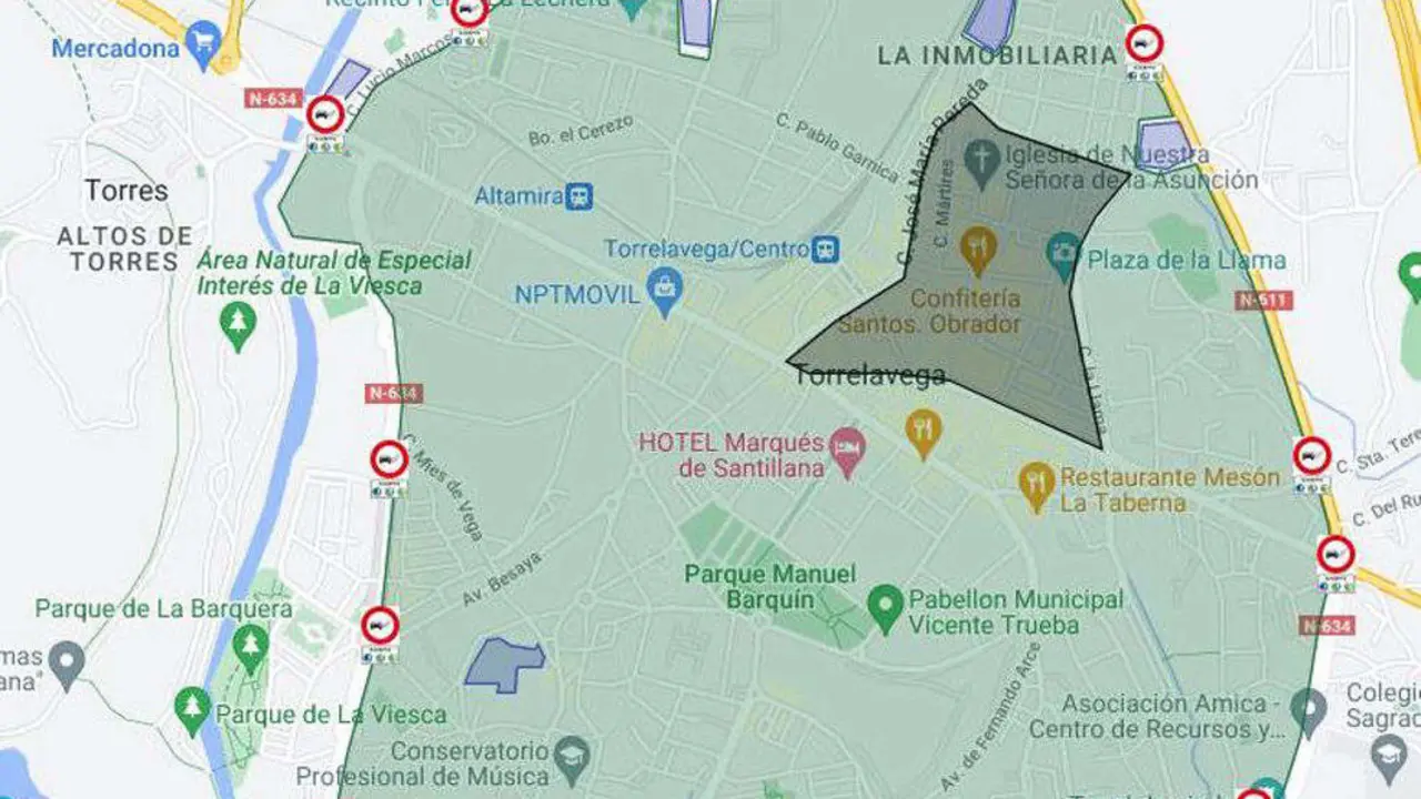 En un verde m&aacute;s oscuro, propuesta de Zona de Bajas Emisiones (ZBE) de Torrelavega