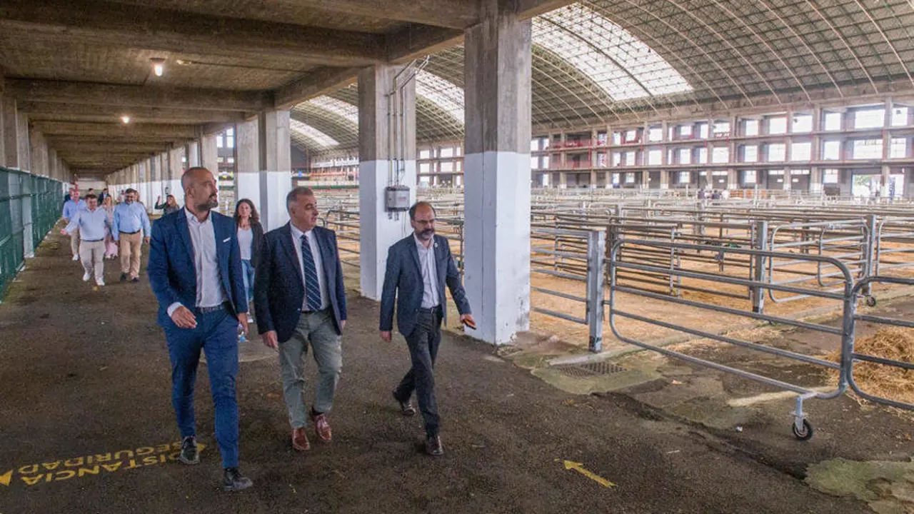 El consejero de Fomento, Roberto Media, visita el Mercado Nacional de Ganados (MG) junto al alcalde y al primer teniente de alcalde, Javier L&oacute;pez Estrada y Jos&eacute; Luis Urraca