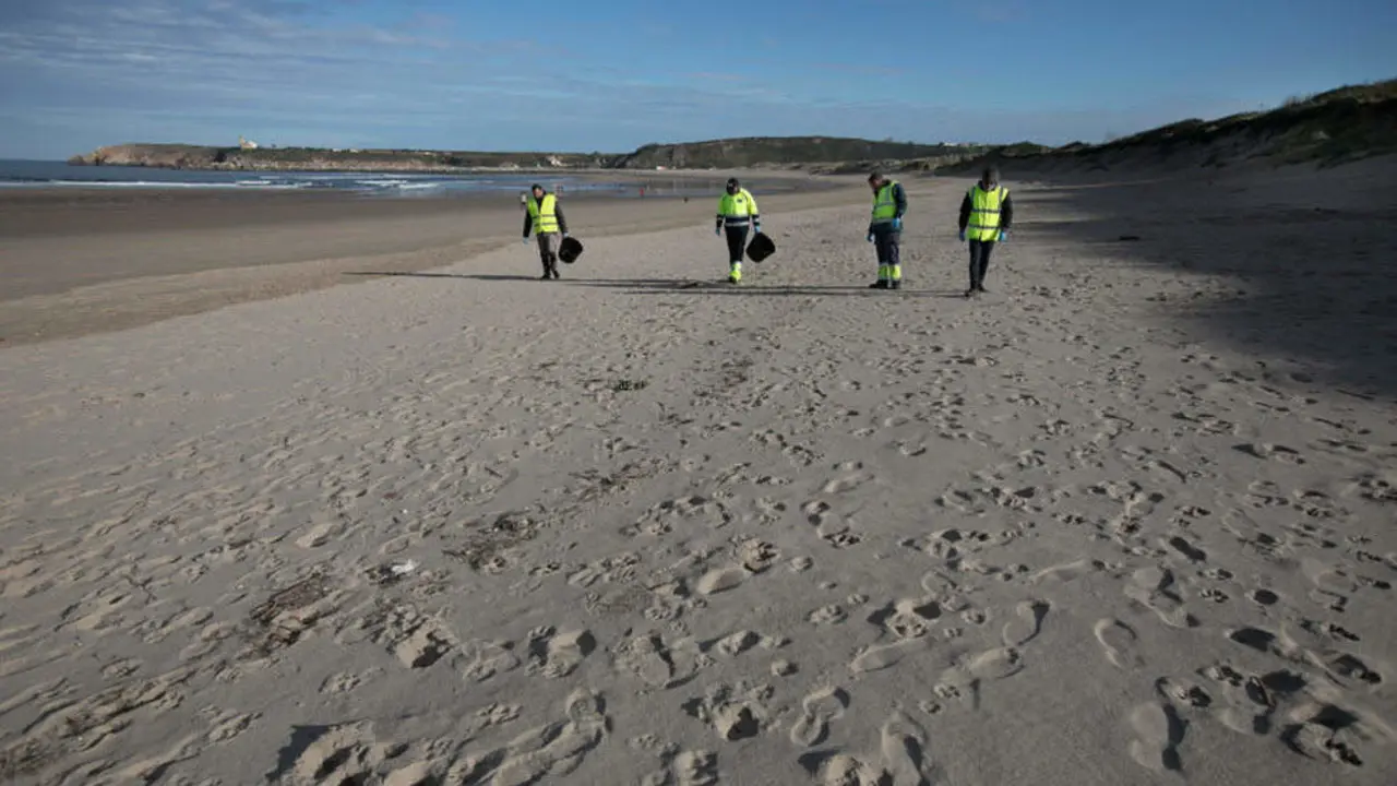 Limpieza de p&eacute;lets en una playa