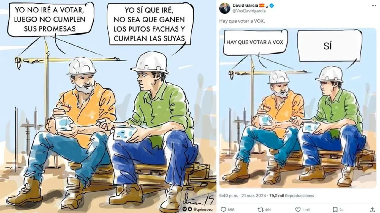 Vi&ntilde;eta original del autor Quim Sosa y la imagen modificada por el diputado de Vox