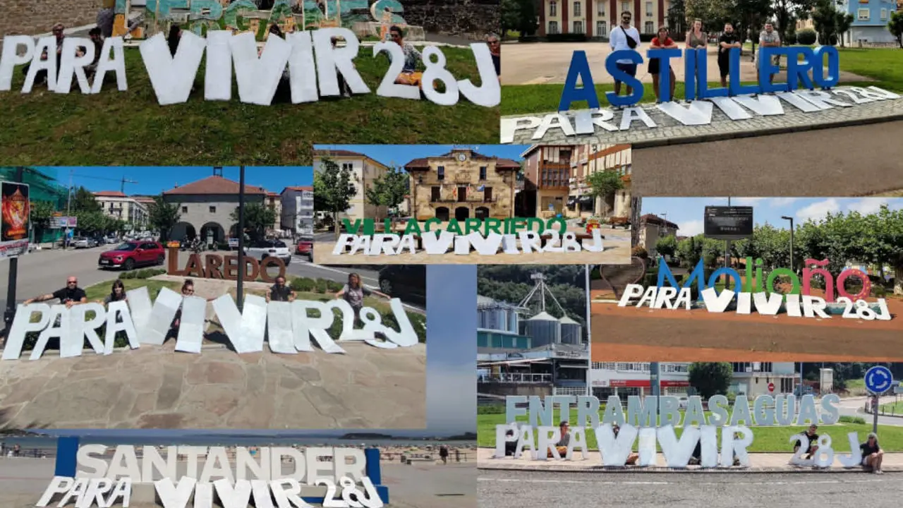 Grupos vecinales que se manifestar&aacute;n el 28 de julio en Puente San Miguel contra el modelo tur&iacute;stico de Cantabria intervienen letras y marcos tur&iacute;sticos