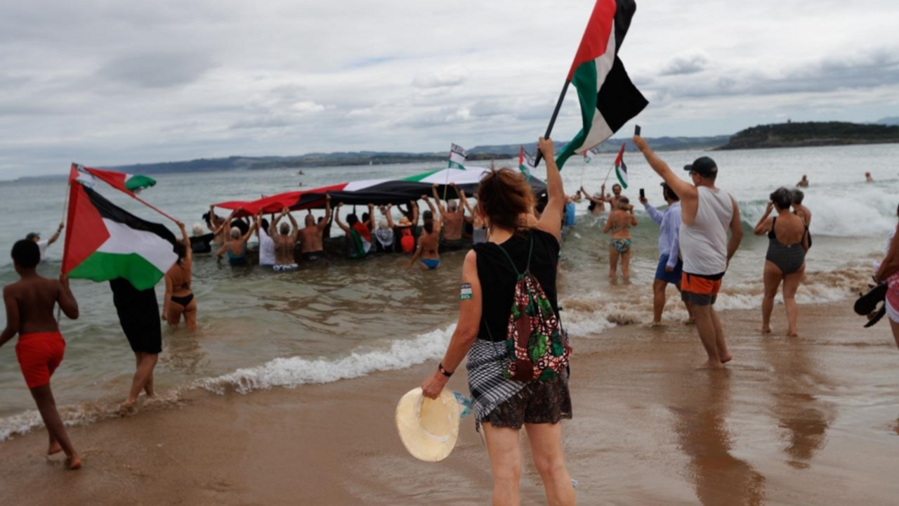 Centenares de personas se manifiestan en las playas del Sardinero contra la guerra de Gaza,. FOTO- AMAIA CARRACEDO