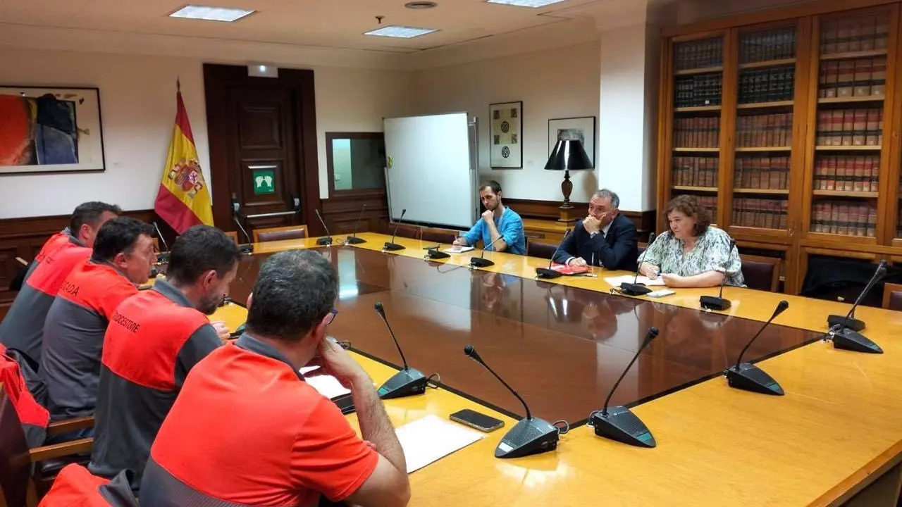 Los diputados de IU Enrique Santiago y Engracia Rivera reunidos con el comité de empresa de Bridgestone