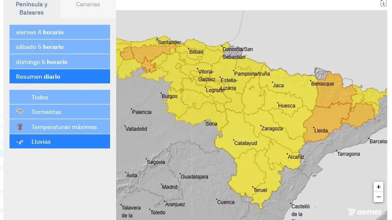 Mapa de avisos meteorológico en la cuenca del Ebro