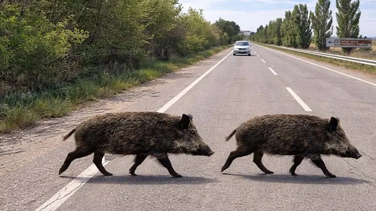 Dos jabalíes cruzando por la carretera