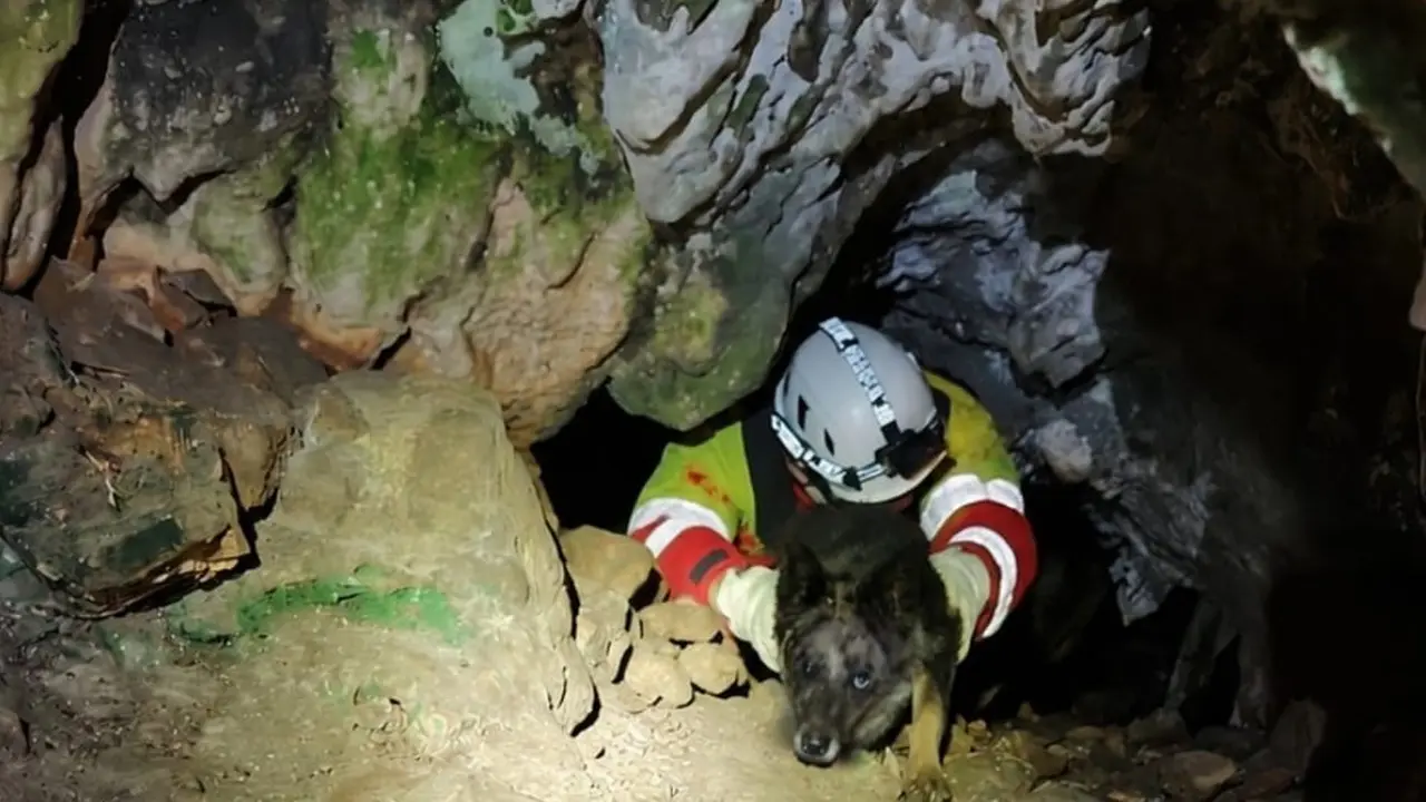 Rescate de un perro caído en una sima de una cueva de Pechón (Val de San Vicente) 